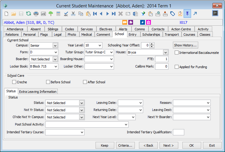 Current Student Maintenance - School tab - Status sub-tab (cut down)