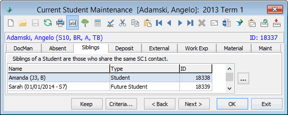 Current Student Maintenance - Siblings tab