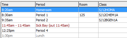 Current Student Maintenance - Timetable grid (with Sick Bay record)