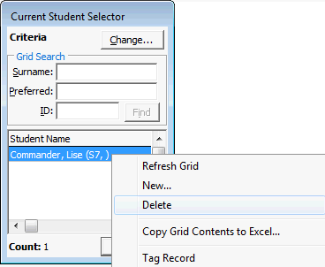 Current Student Selector window (deleting student)