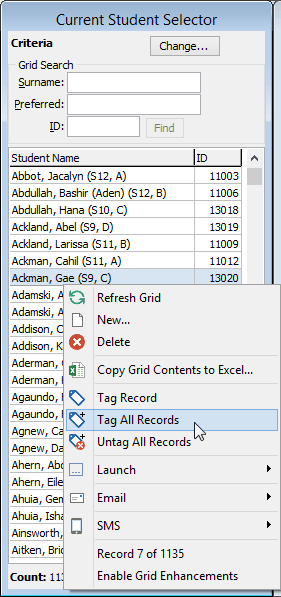 Right click menu (Current Student Selector window)
