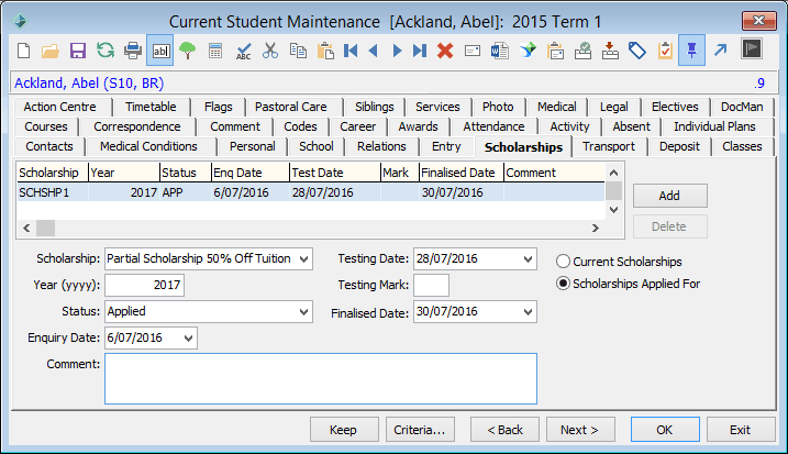 Current Student Maintenance - Scholarship tab