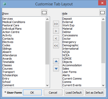 Customise Tab Layout window