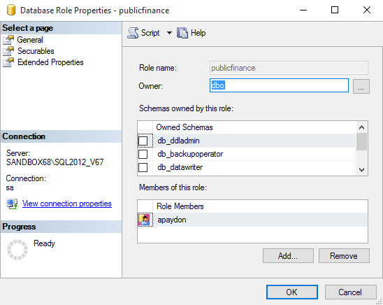Database Role Properties window