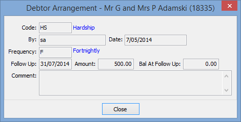 Debtor Arrangement window