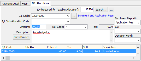 Debtor Cash Receipts Entry - G/L Allocations tab (cut down)
