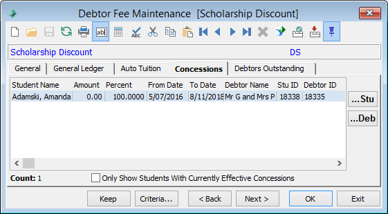 Debtor Fee Maintenance - Concessions tab