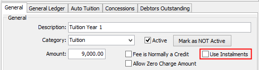 Debtor Fee Maintenance - General tab (use instalments field selected)