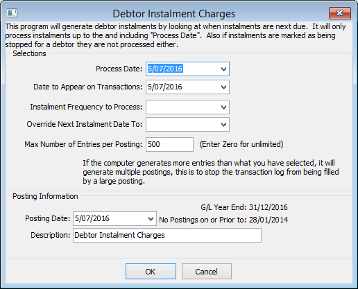 Debtor Instalment Charges window