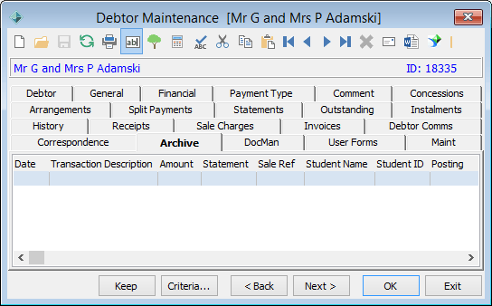 Debtor Maintenance - Archive tab