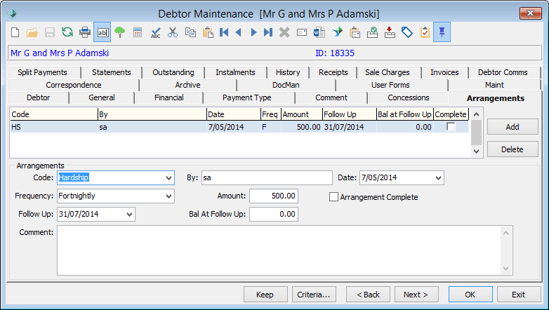 Debtor Maintenance - Arrangements tab