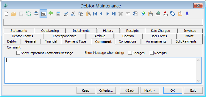 Debtor Maintenance - Comment tab