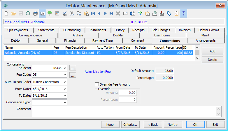 Debtor Maintenance - Concessions tab