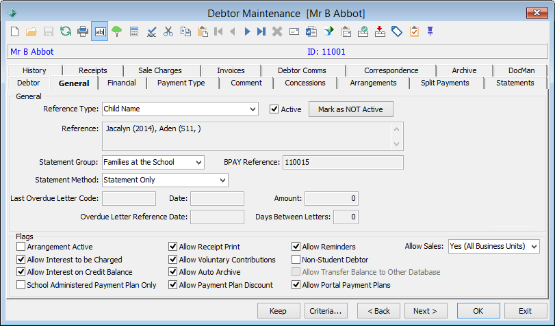 Debtor Maintenance - General tab