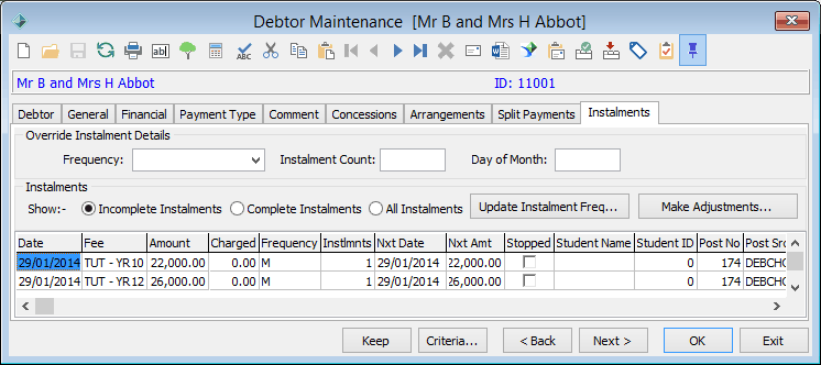 Debtor Maintenance - Instalments tab