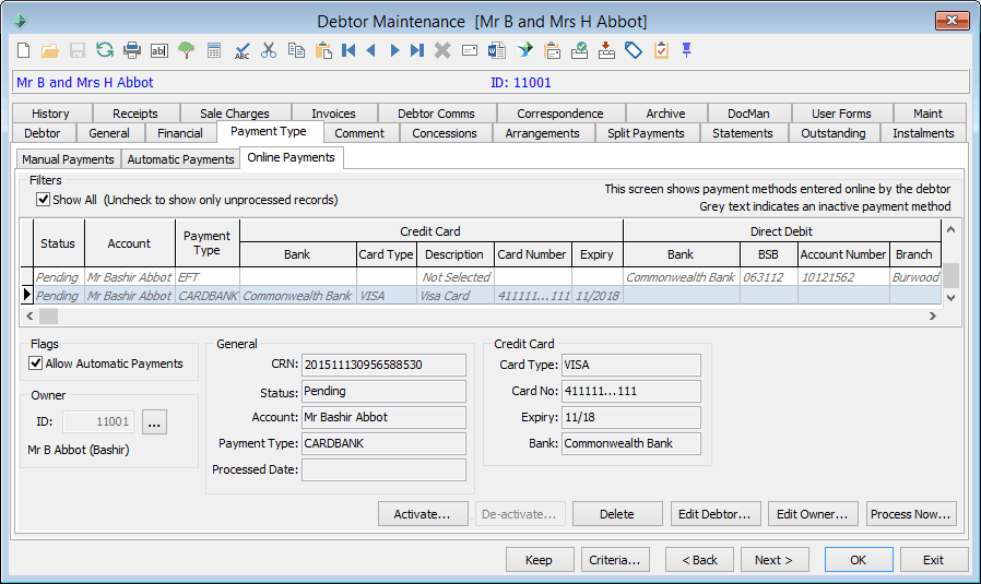 Debtor Maintenance - Payment Type tab - Online Payments sub-tab (cut down)