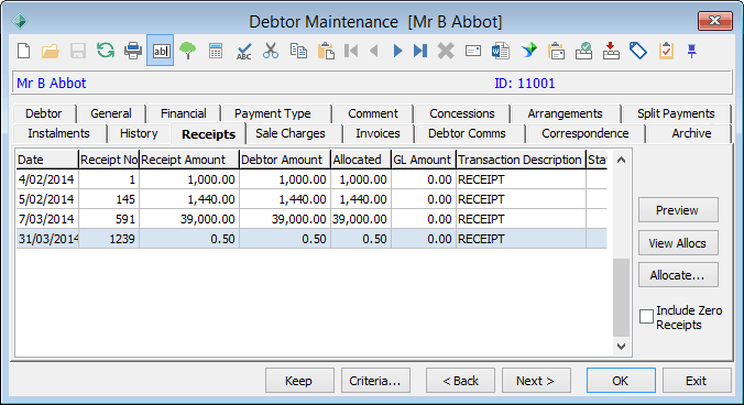 Debtor Maintenance - Receipts tab