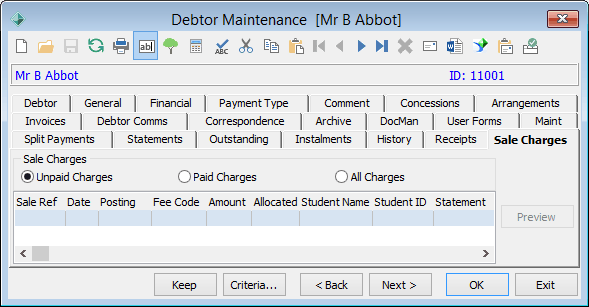 Debtor Maintenance - Sales Charges tab