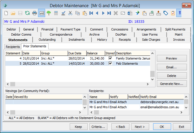 Debtor Maintenance - Statements tab - Prior Statements sub tab