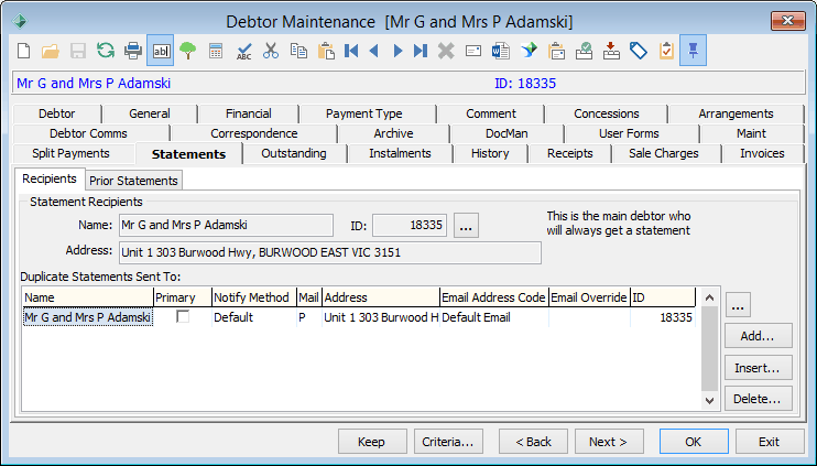 Debtor Maintenance - Statements tab (including Recipients sub-tab)