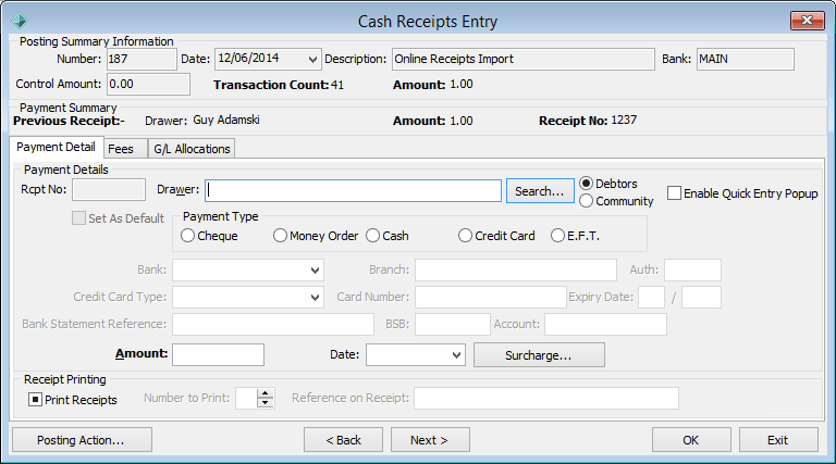 Debtors - Cash Receipts Entry window