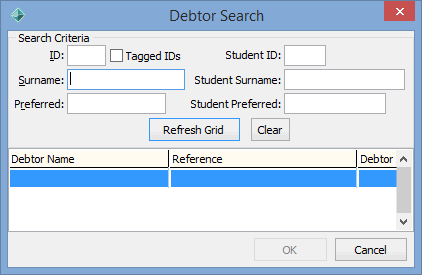 Debtor Search window