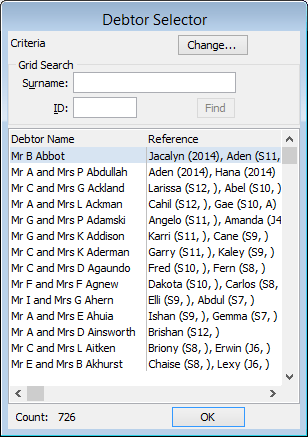 Debtor Selector window