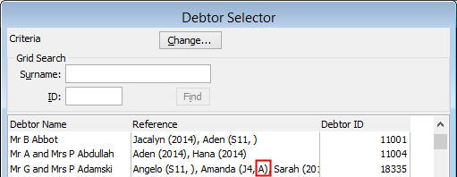 Debtor Selector window (form field highlighted)
