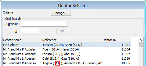 Debtor Selector window (Year level highlighted)