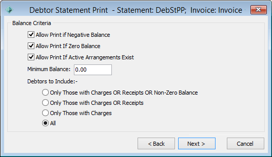 Debtor Statement Print - Balance Criteria window