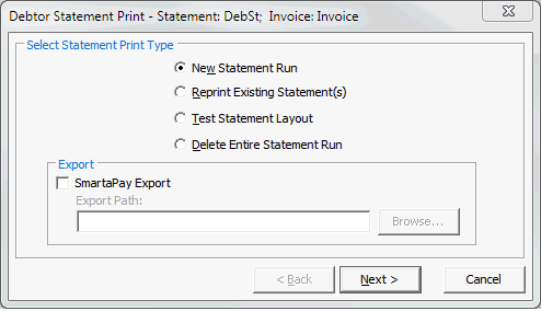 Debtor Statement Print - Selections window