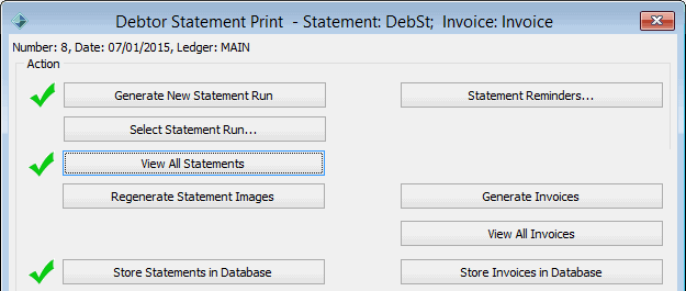 Debtor Statement Print window (Statements stored)