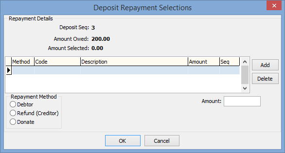 Deposit Repayment Selections window
