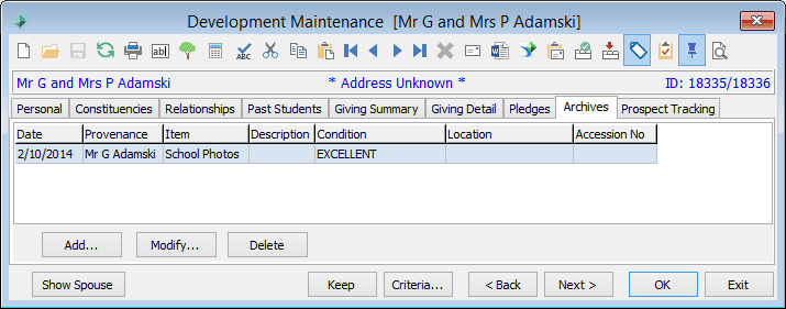 Development Maintenance - Archives tab