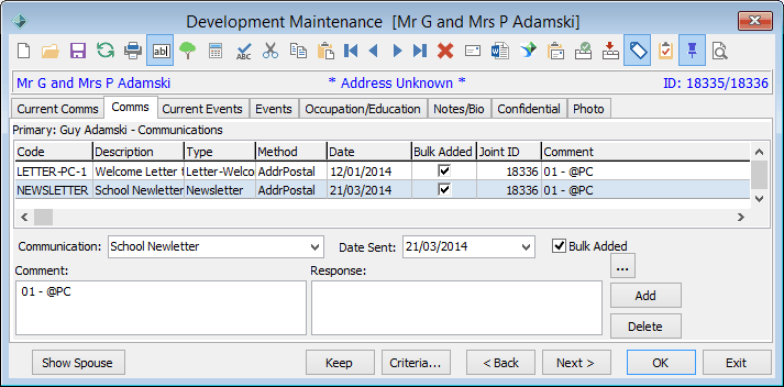 Development Maintenance - Comms tab