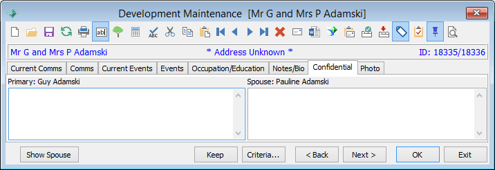 Development Maintenance - Confidential tab