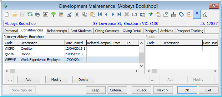 Development Maintenance - Constituencies tab