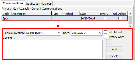 Development Maintenance - Current Comms tab - Communications sub-tab (cut down, grid area-fields relationship)