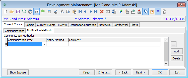 Development Maintenance - Current Comms tab - Notification Methods sub-tab