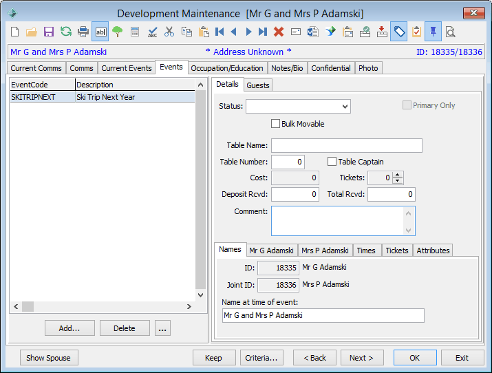Development Maintenance - Events tab