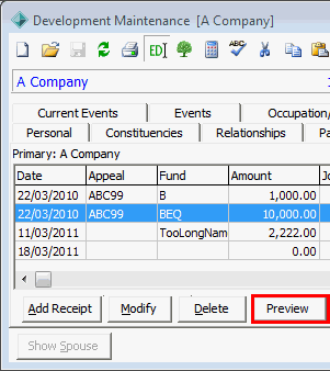 Development Maintenance - Giving Details tab (cut down, preview button highlighted)