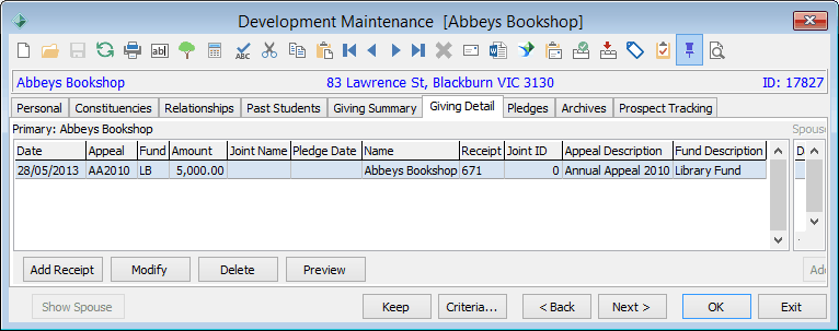 Development Maintenance - Giving Detail tab