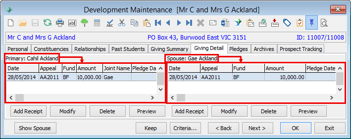 Development Maintenance - Giving Detail tab (cut down)