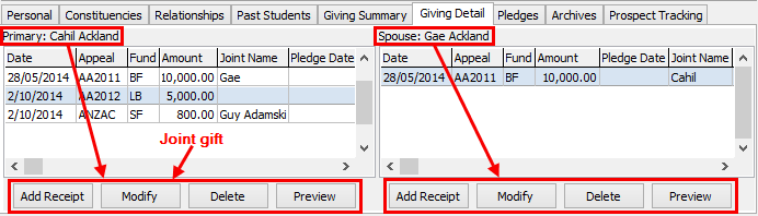 Development Maintenance - Giving Detail tab (cut down)