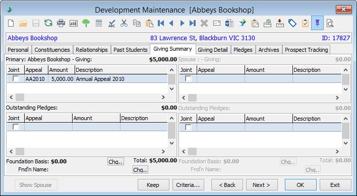 Development Maintenance - Giving Summary tab