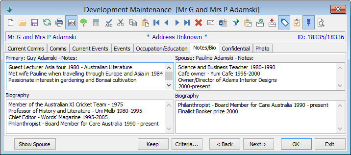 Development Maintenance - Notes Bio tab