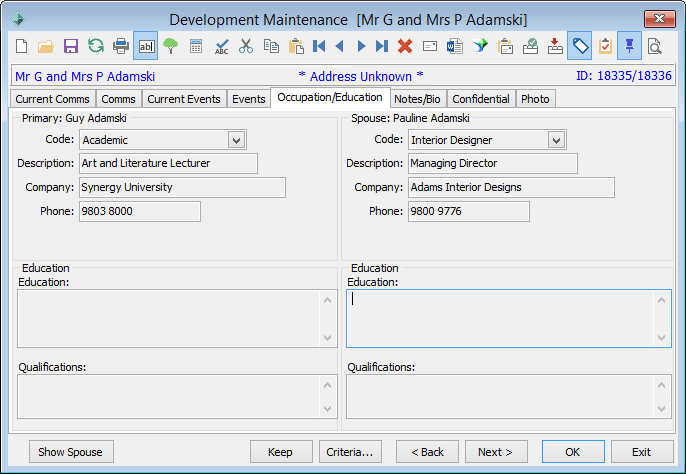 Development Maintenance - Occupation Education tab