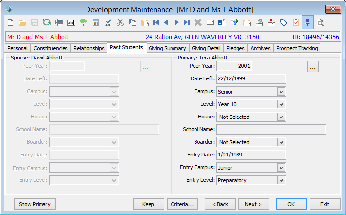 Development Maintenance - Past Students tab