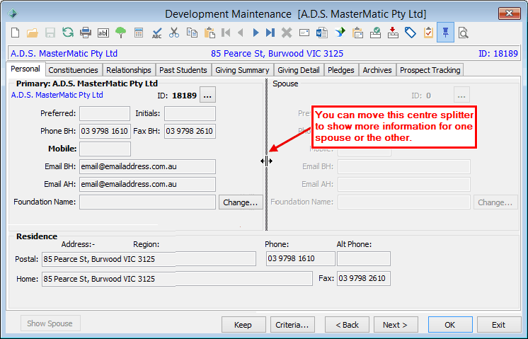 Development Maintenance - Personal tab - Using the centre splitter