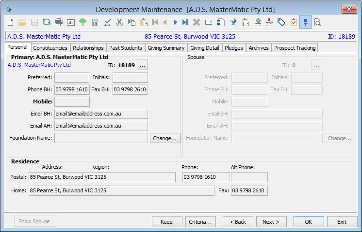 Development Maintenance - Personal tab